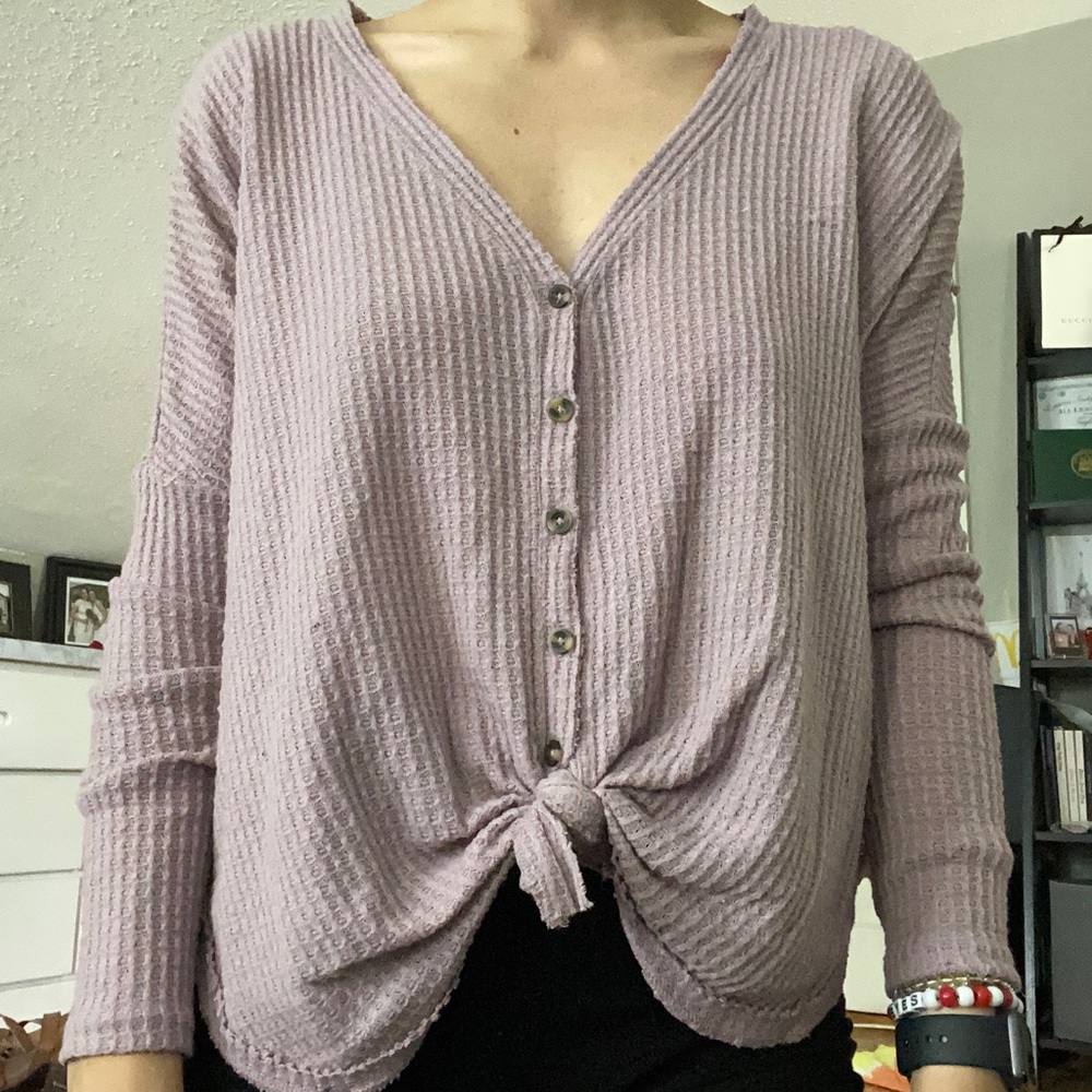 purple waffle button sweater
